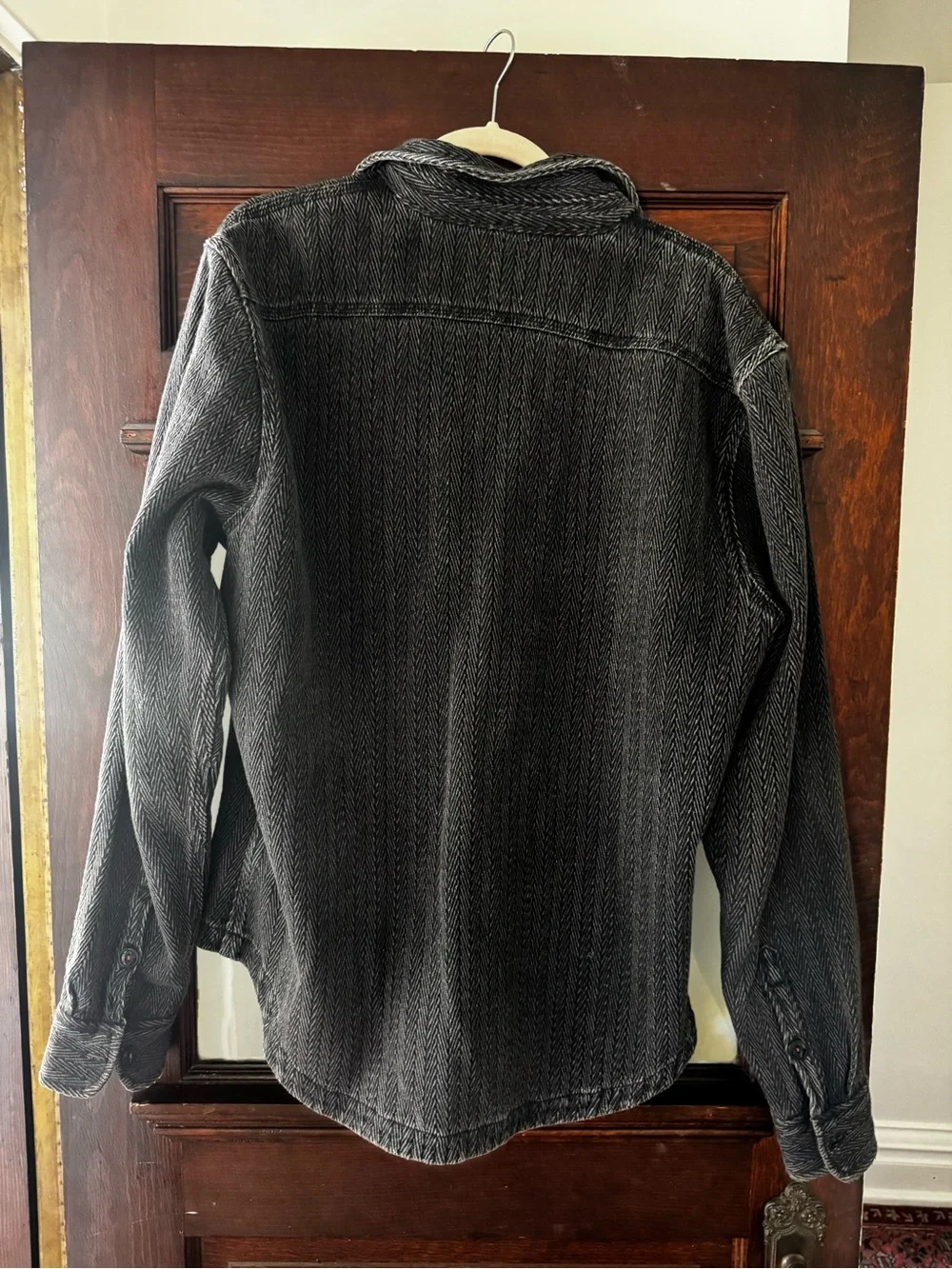 Men's Washed Black Herringbone Shirt Jacket - Lightweight Layer